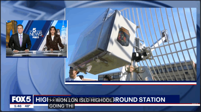 High school students use Space Kitz Signal Hunters satellite ground station during Fox 5 NY feature in Huntington Station, New York